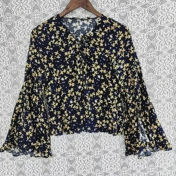 Zara Pattern lace up bell wide sleeve women's chiffon blouse S - Picture 1 of 7